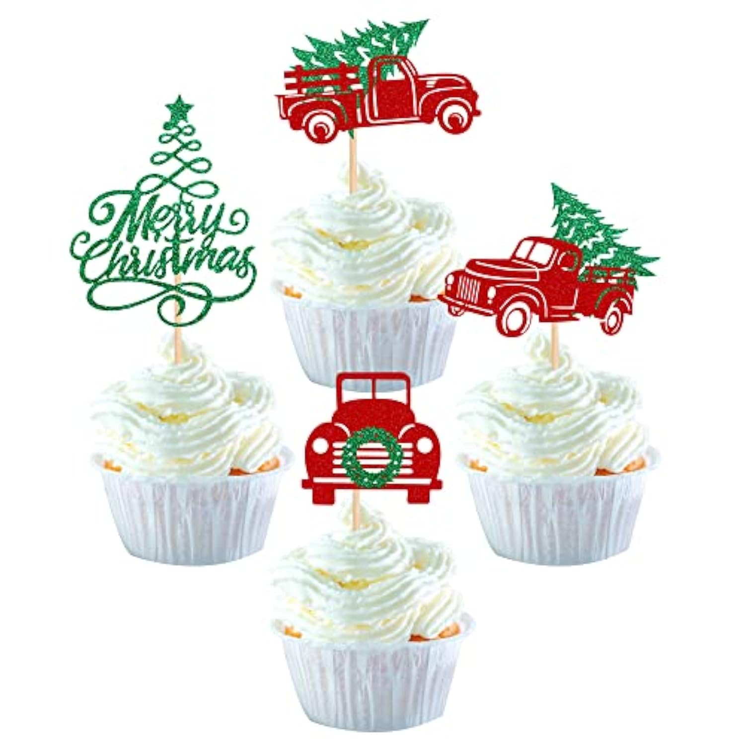 24pc Glitter Christmas Tree & Red Truck Cupcake Toppers Holiday Party Picks