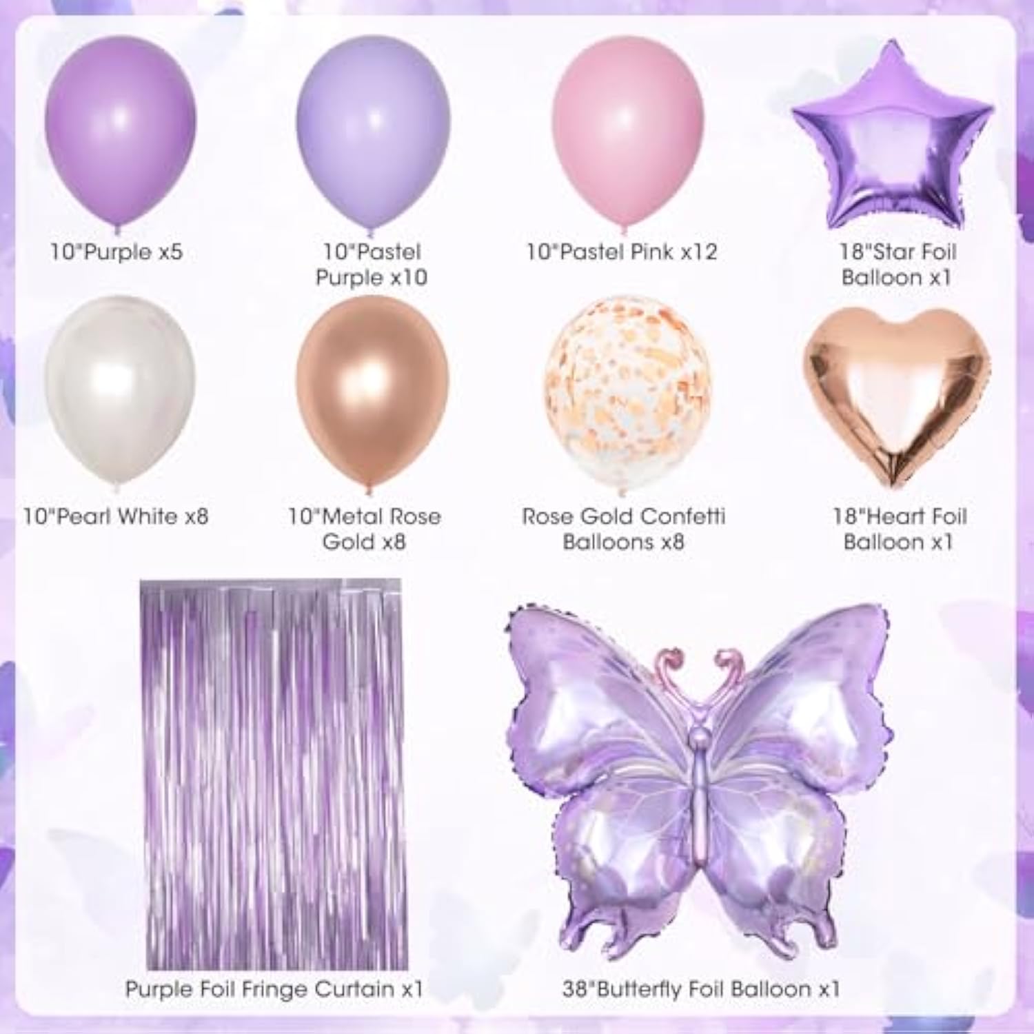 Purple Pink Birthday Party Decorations, Butterfly Confetti Rose Gold Lavender Balloons Happy Birthday Banner Fringe Curtains Hanging Swirls Circle Dots Tassels Pompoms For Mothers Day Women Girls