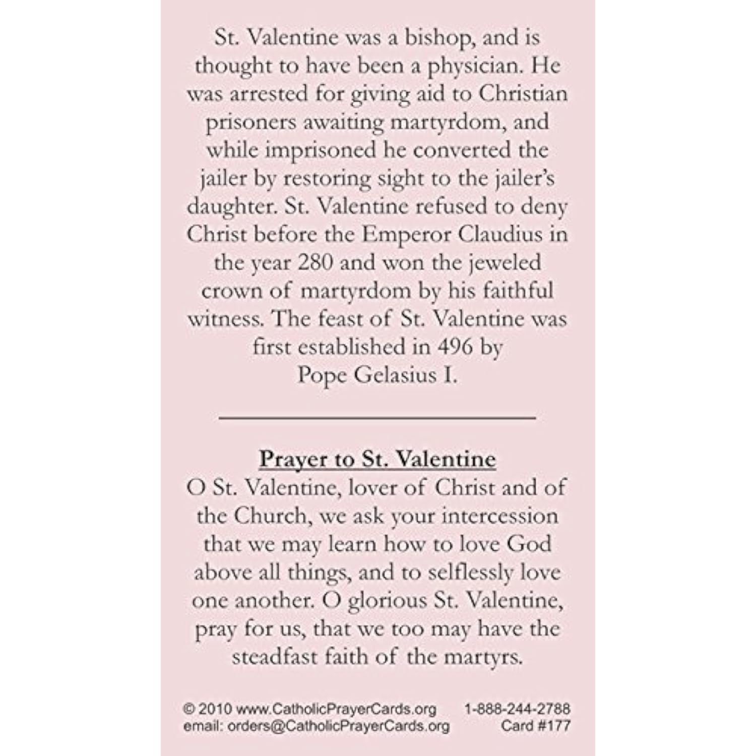 St. Valentine Laminated Holy Card (5-Pack) With Two Free Prayer Cards Included
