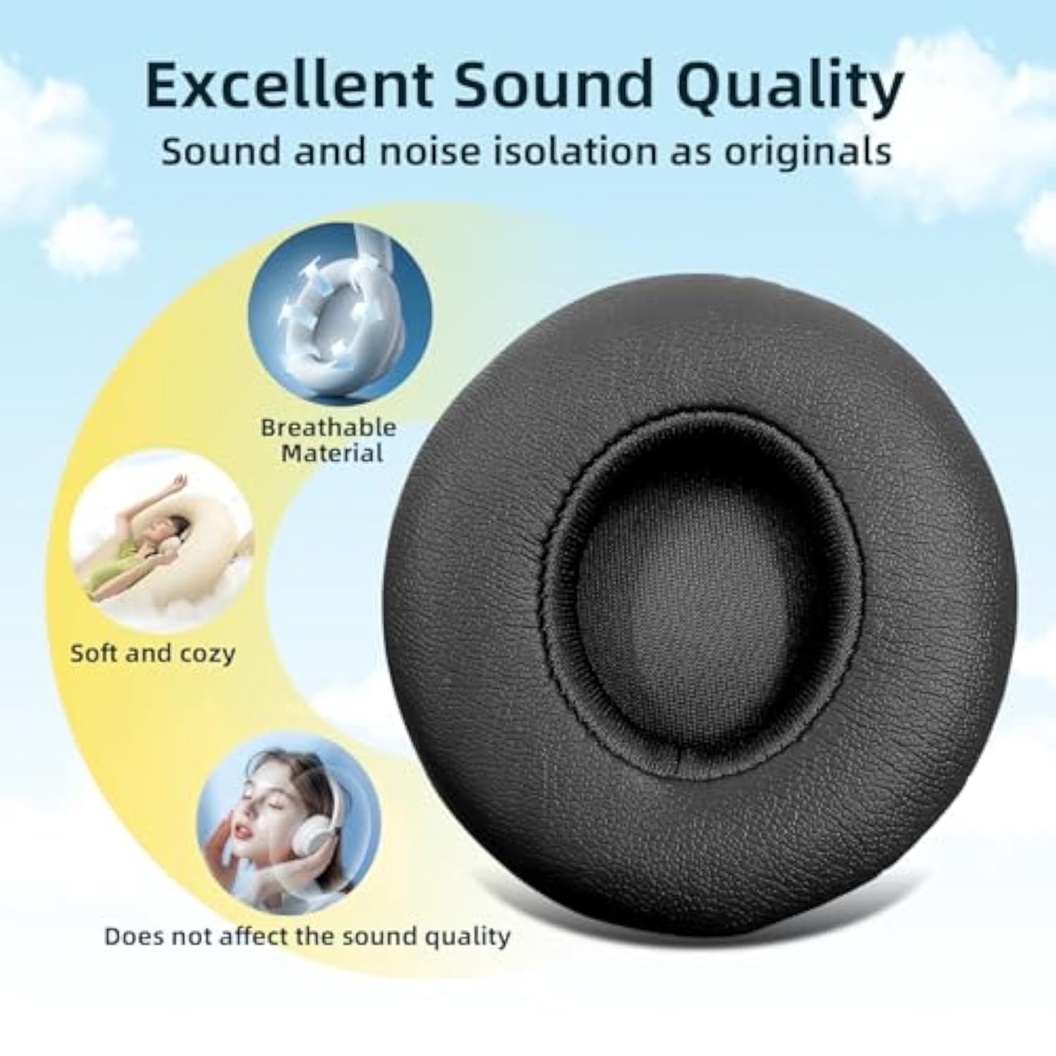 Earpads Cushions Replacement For Beats Solo 2 & Solo 3 Wireless On-Ear Headphones, With Soft Protein Leatherette Ear Cushions And Acoustic Foam Earcups (Black)