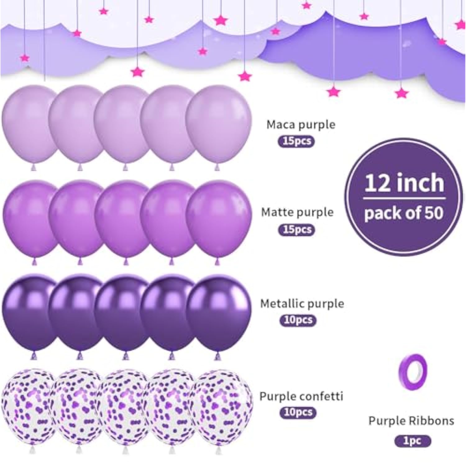 Purple Balloons, 50Pcs 12 Inch Purple Confetti Balloons Kit, Metallic Purple Latex Balloons For Birthday, Bridal Shower,Wedding, Graduation Party Decorations