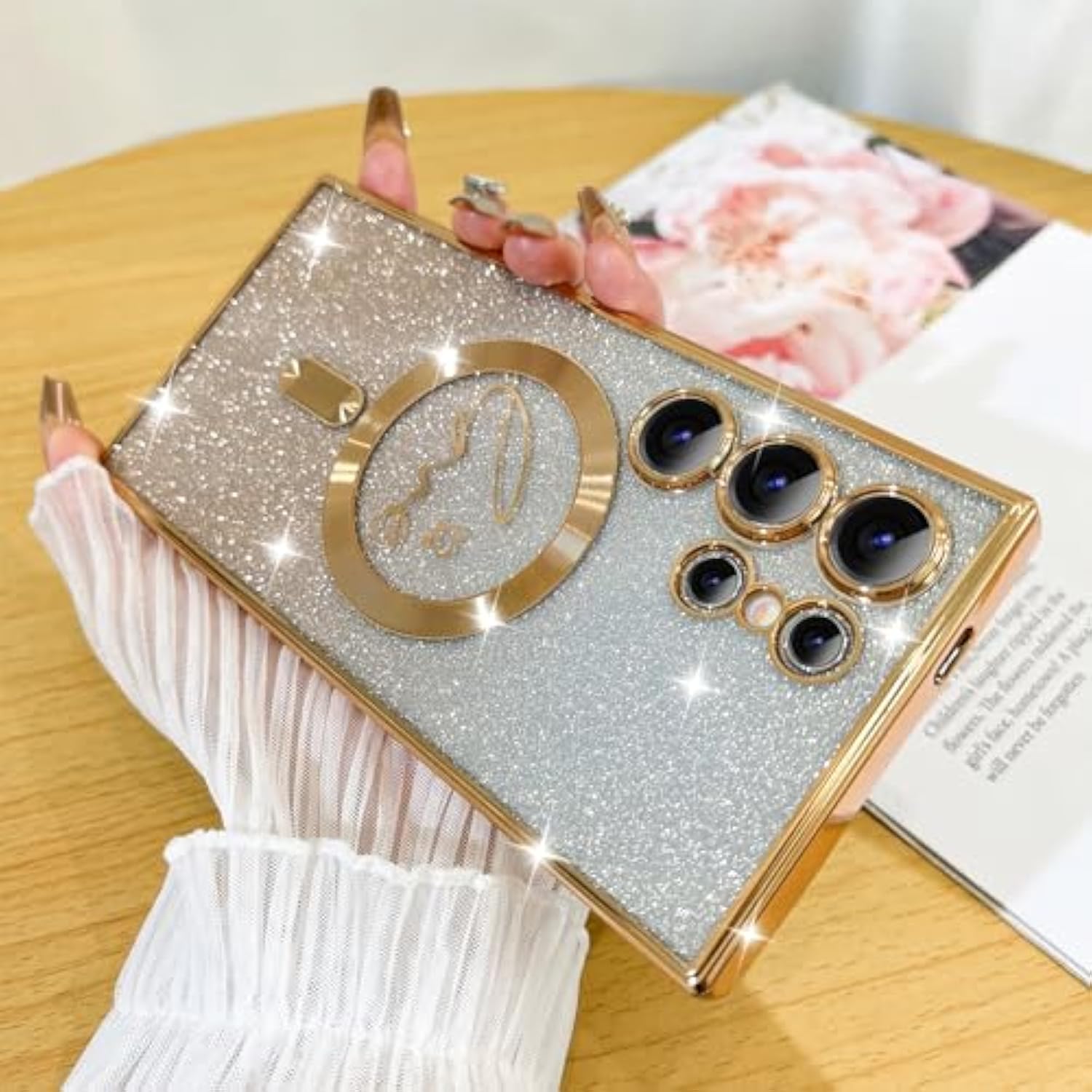 Designed For Samsung Galaxy S24 Ultra Case,Compatible With Magsafe Love Heart Plating Camera Protection Clear Glitter Magnetic For Women Girls Shockproof Phone Cover Bumper 6.8"-Gold