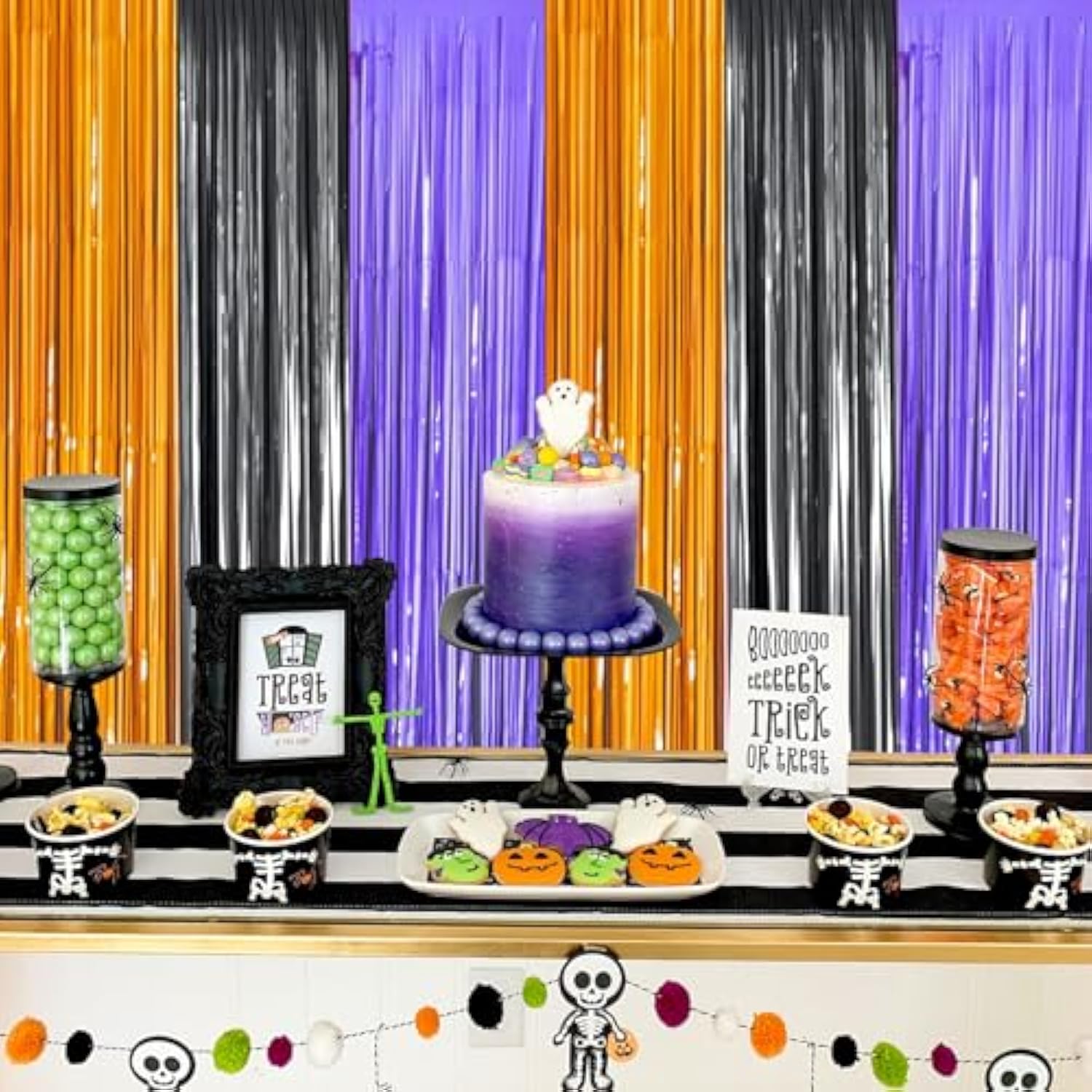 2 Pack Orange Purple Black Foil Fringe Curtains 3.3x6.6ft Backdrop Party Decor