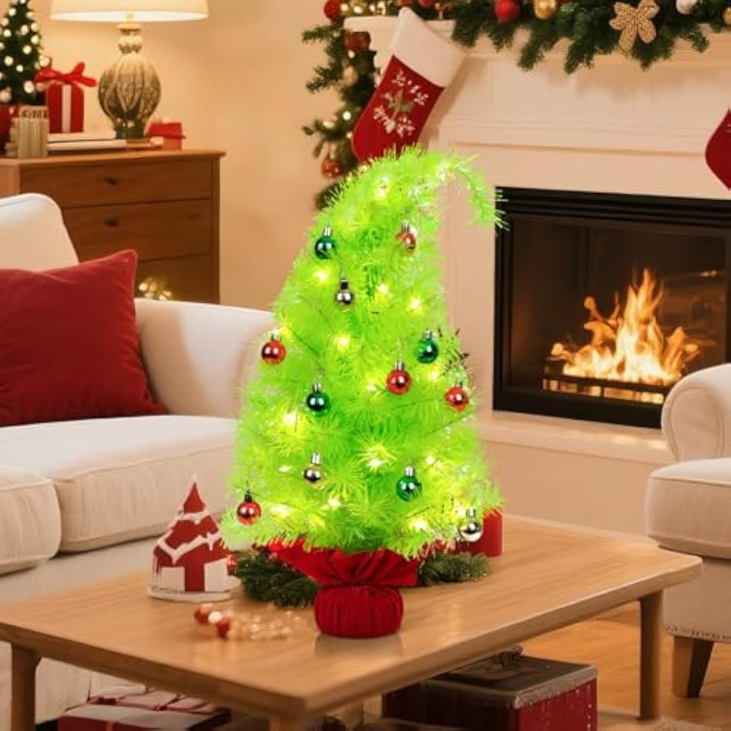 2 Ft Gringchs Christmas Tree Decorations, Bendable Lime Green Table Top Christmas Tree With Mini Ball Ornaments, Artificial Whimsical Decor For Home Office Holiday Party