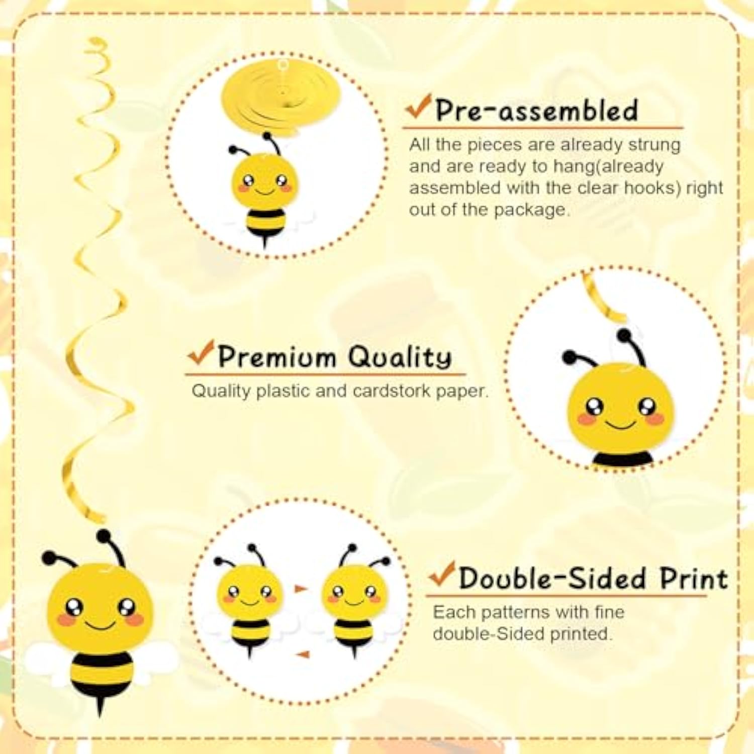 20Pcs Bumble Bee Hanging Swirl Decorations, Bee Party Hanging Swirls Foil Ceiling Streamers Honey Bee Themed Party Supplies For Kids Birthday Baby Shower Gender Reveal Bee Party Decoration