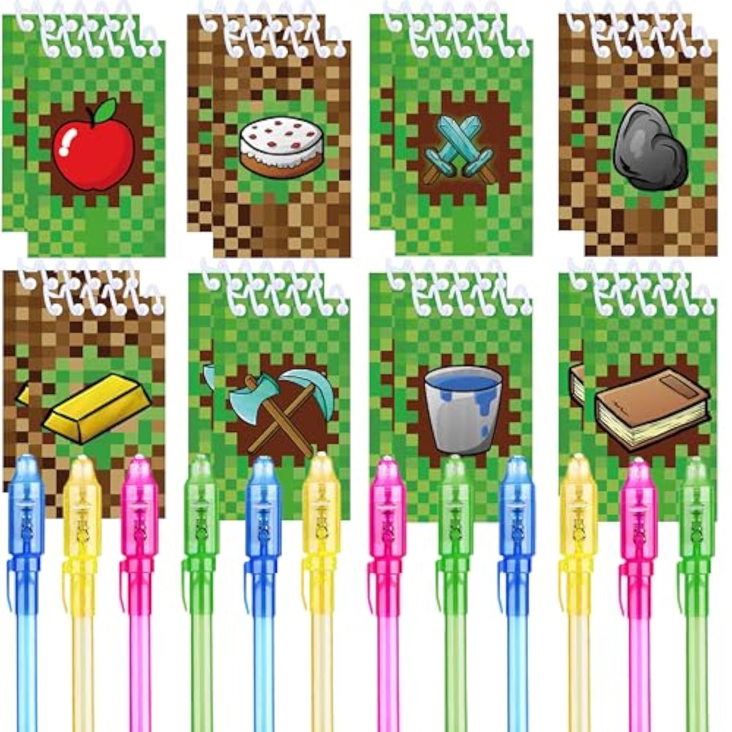 24 Pcs Pixel Theme Party Favors |12 Invisible Ink Pen And 12 Party Mini Pixel Theme Notepads| Pixel Theme Party Goodie Bag Stuffers, Classroom Prizes, Party Supplies