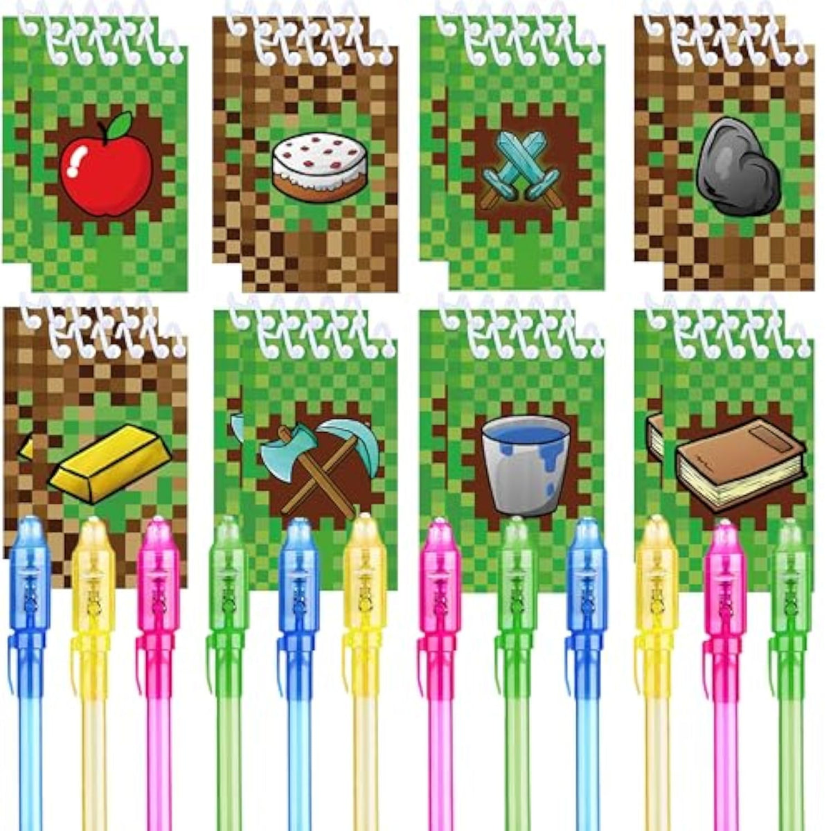 24 Pcs Pixel Theme Party Favors |12 Invisible Ink Pen And 12 Party Mini Pixel Theme Notepads| Pixel Theme Party Goodie Bag Stuffers, Classroom Prizes, Party Supplies
