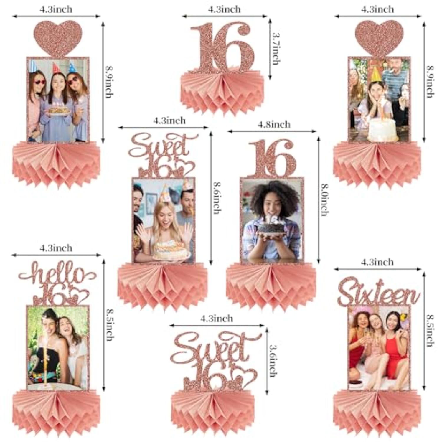 8Pcs Happy 16Th Birthday Decorations Honeycomb Centerpieces For Girls, Pink Rose Gold Glitter Sweet 16 Birthday Photo Table Centerpieces Party Supplies, Pink Sixteen Bday Photo Table Topper