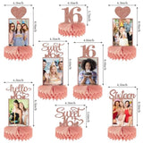 8Pcs Happy 16Th Birthday Decorations Honeycomb Centerpieces For Girls, Pink Rose Gold Glitter Sweet 16 Birthday Photo Table Centerpieces Party Supplies, Pink Sixteen Bday Photo Table Topper