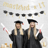 Mastered It Banner, Gold Graduation Banner With Glitter Letter, 12" X 6.5" Cardstock, 9.8Ft Strand Wire, Wall Mount, Perfect For Indoor Masters Graduation Party Decorations