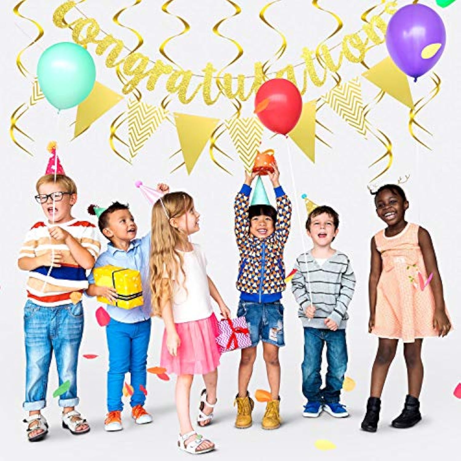 Pre-Strung Glitter Congratulations Banner Triangle Flag Banner With 12 Pieces Hanging Swirls For Wedding Retirement Graduation Anniversary Party Decorations(Gold)