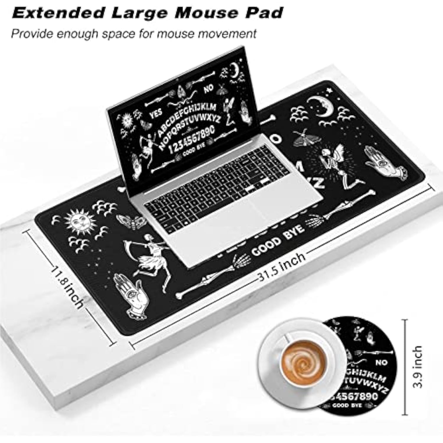 Large Gaming Mouse Pad, Long Extended Xl Ergonomic Mousepad Desk Pad, Large Rubber Mice Pads Stitched Edges, 31.5'' X 11.8'+ Cup Coaster, Ouija Board Pattern