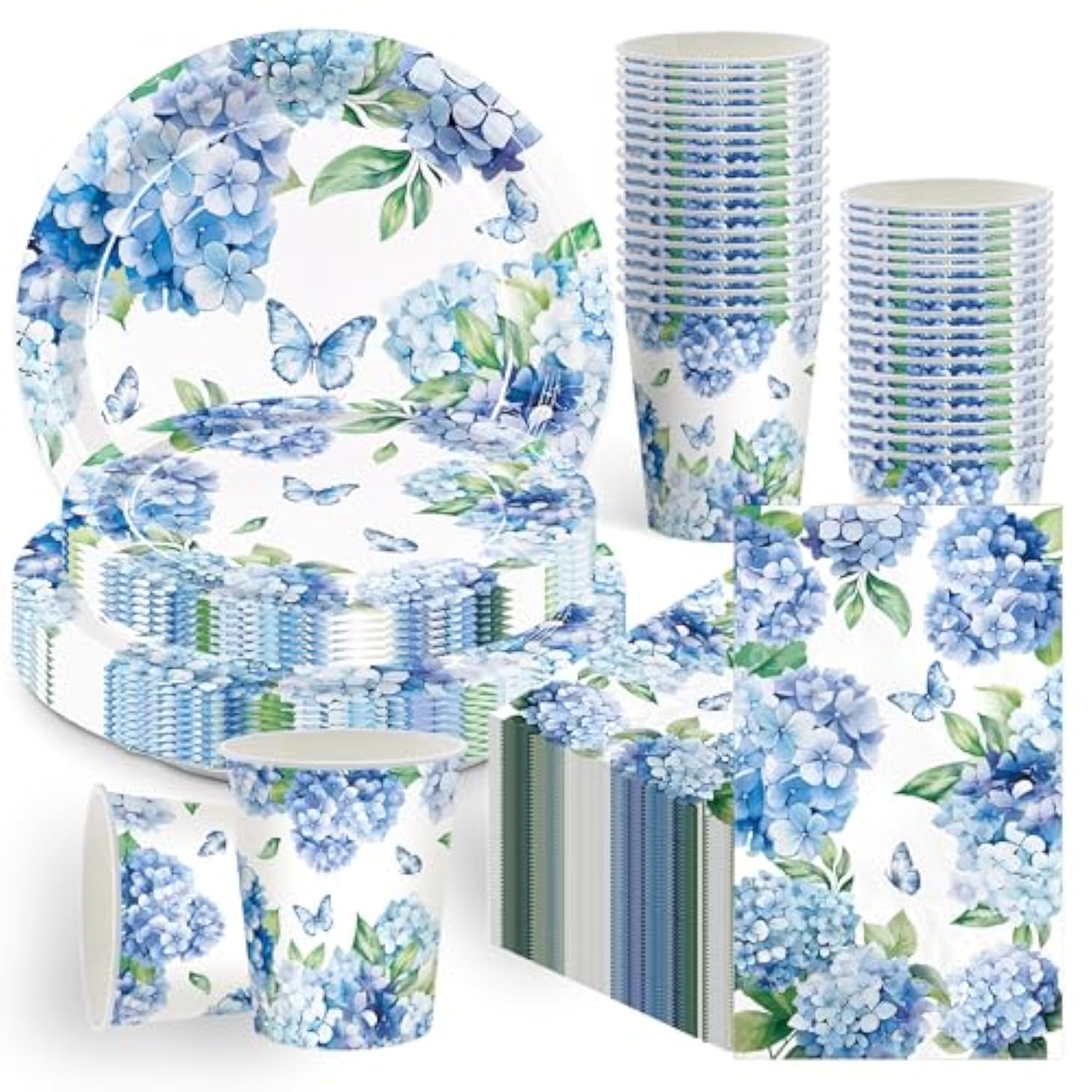 100Pcs Hydrangea Party Supplies Paper Plates Napkins Cups Hydrangea Floral Tableware Set For Summer Wedding Birthday Tea Party Supplies Serve 25 Guests