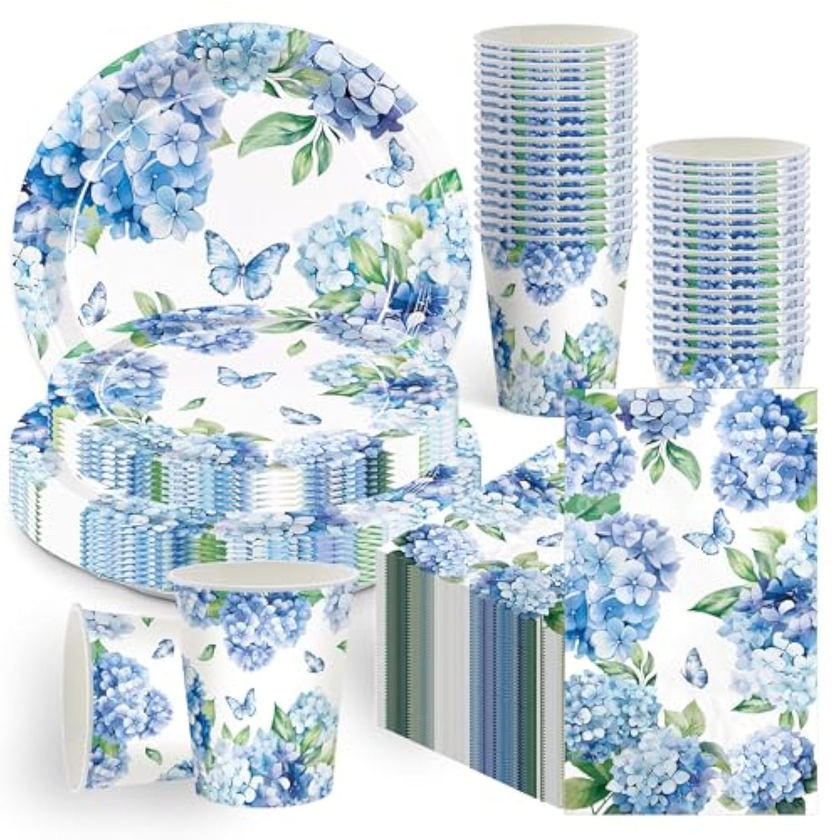 100Pcs Hydrangea Party Supplies Paper Plates Napkins Cups Hydrangea Floral Tableware Set For Summer Wedding Birthday Tea Party Supplies Serve 25 Guests