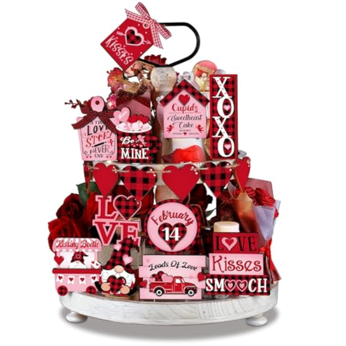 20 Pcs Valentines Tiered Tray Decorations Set Farmhouse Plaid Gnome Heart Wooden Table Sign Tabletop Rustic Tiered Tray Decorations For Valentine Kitchen Home Decor