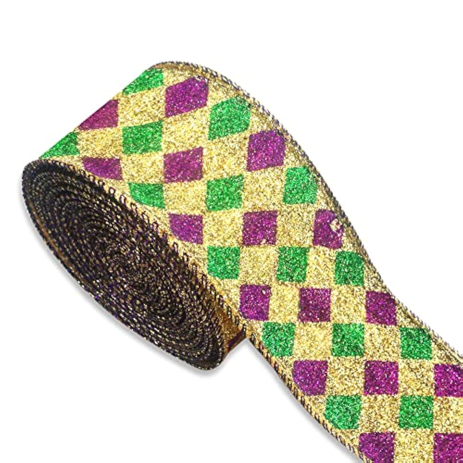 Mardi Gras Wired Edge Ribbons 2.5" 10 Yards, Gold Glitter Wired Edge B