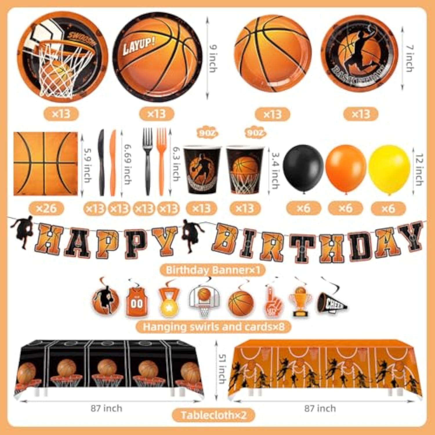 185Pcs Basketball Party Decorations & Supplies, Serves 26 - Include Plates And Napkins, Banner, Hanging Swirls, Cups, Utensils, Balloons, Tablecloths For Basketball Birthday Party