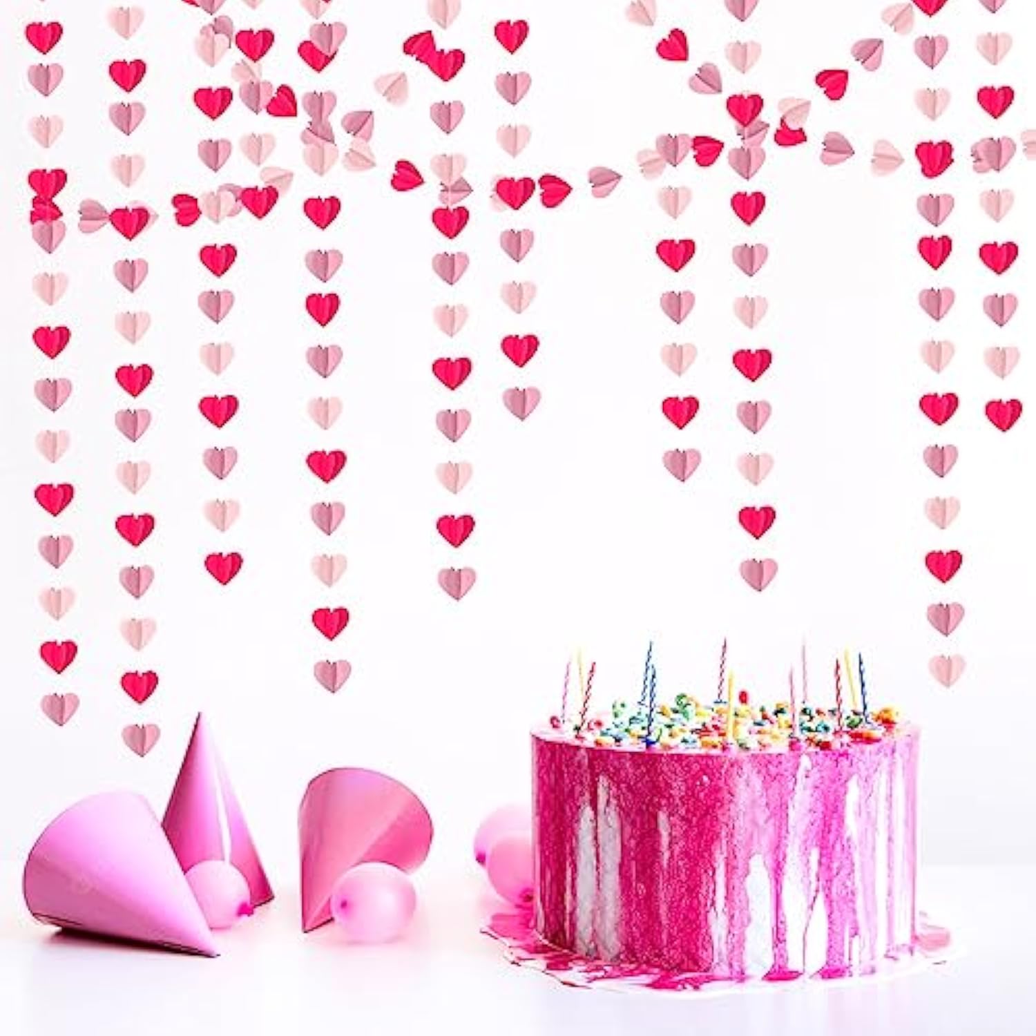 Rose Hot-Pink Party-Decorations 3D-Heart Garland - 39Ft Galentines Valentines Day Girl Birthday Flamingo Baby Shower Hanging Paper Streamers Banner,Engagement Wedding Bachelorette Decor