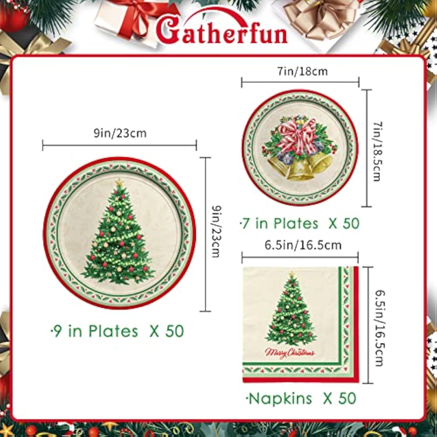 Christmas Party Supplies Kit, Serve 50, Christmas Tree Disposable Dinnerware Includes: Paper Dinner Plates, Dessert Plates, And Napkins, Great For Merry Christmas Party Decorations