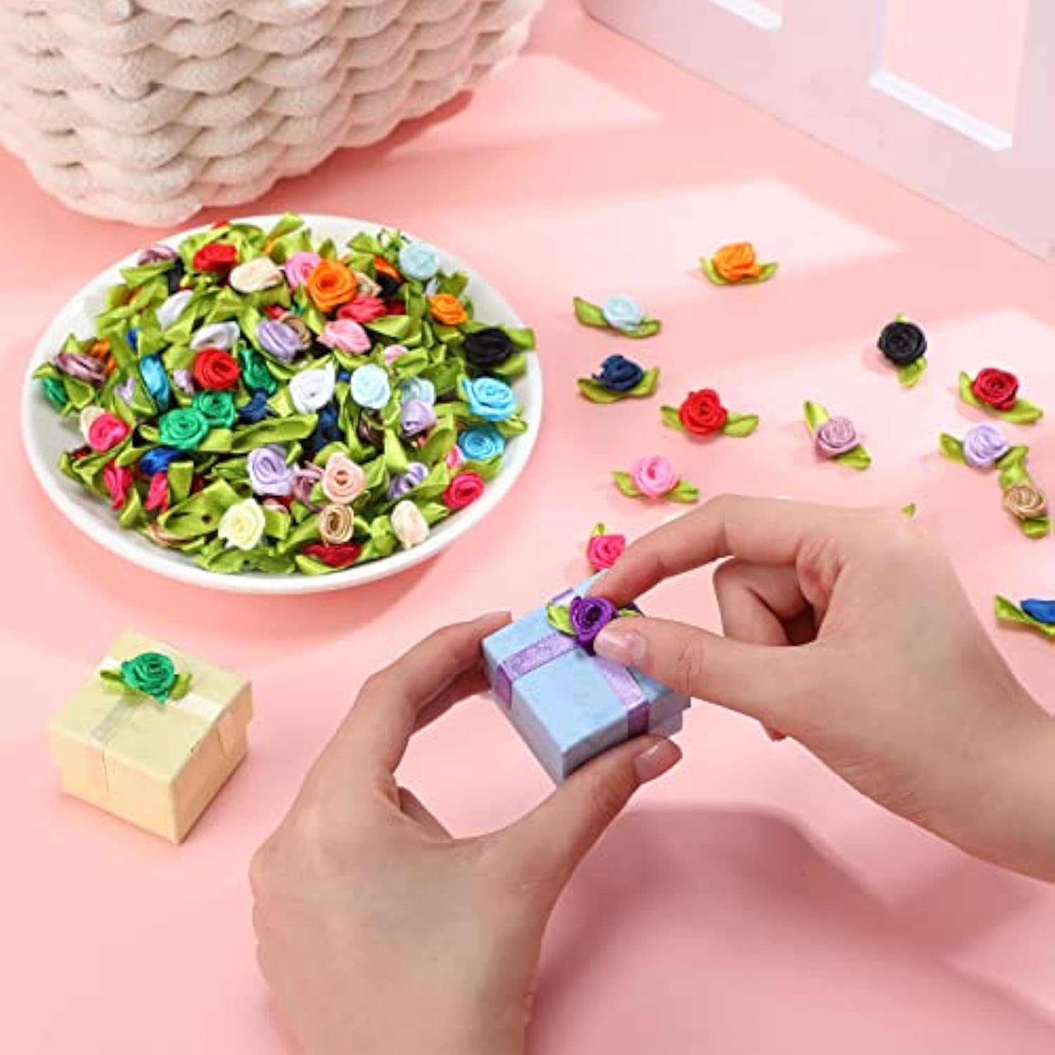 500 Pcs Tiny Satin Ribbon Rose Multicolor Mini Ribbon Bows Roses Small