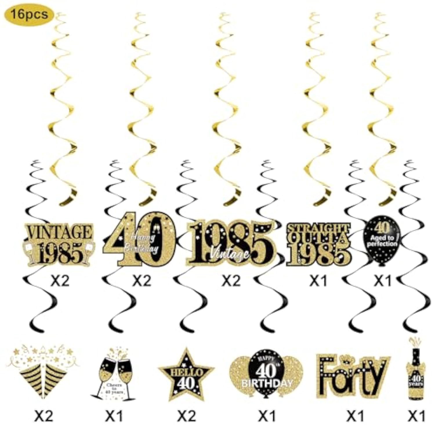 40th Birthday Hanging Swirl Decorations: Black & Gold 1985 Vintage Theme