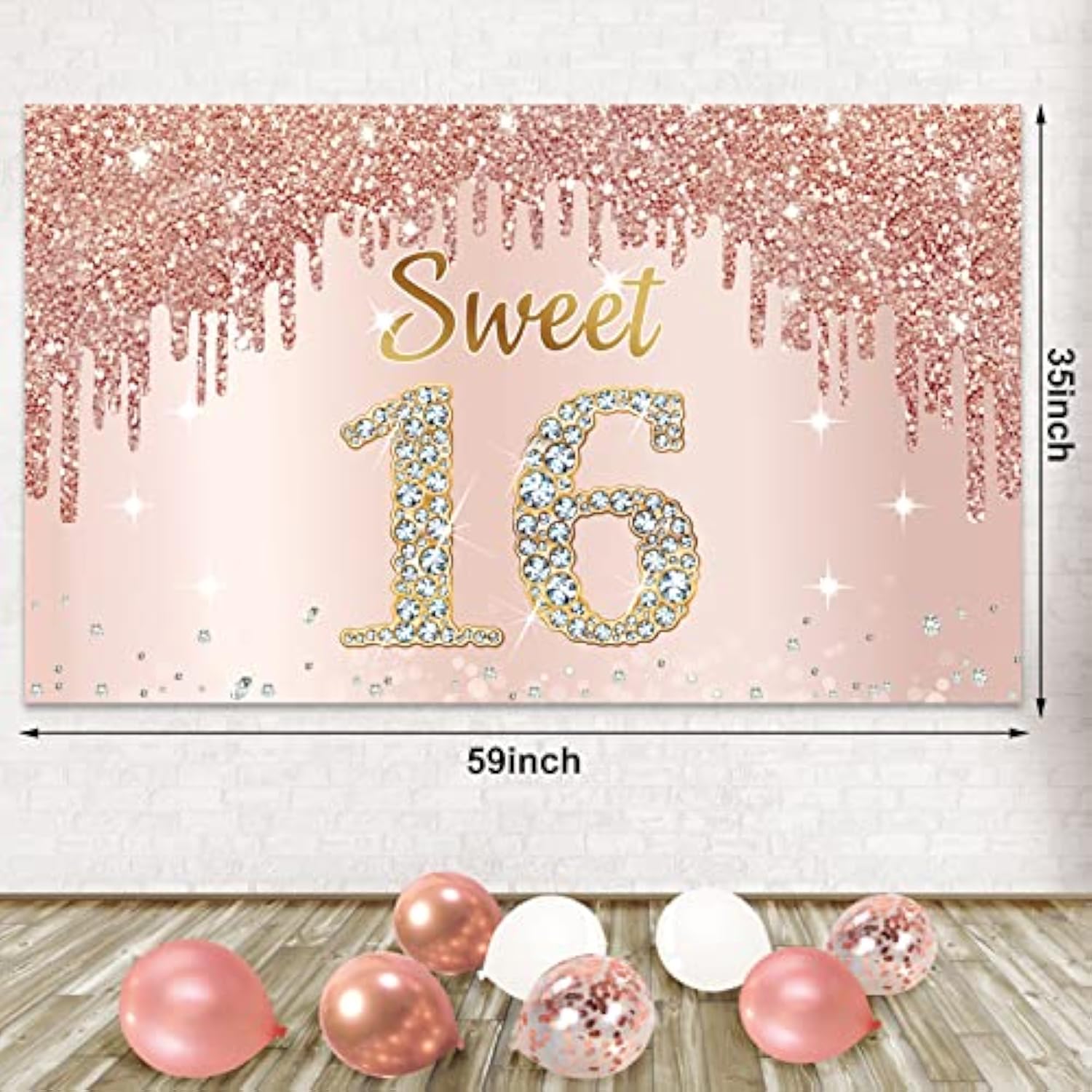 Rose Gold Sweet 16 Banner with Balloon Garland for Girls' Birthday Decor