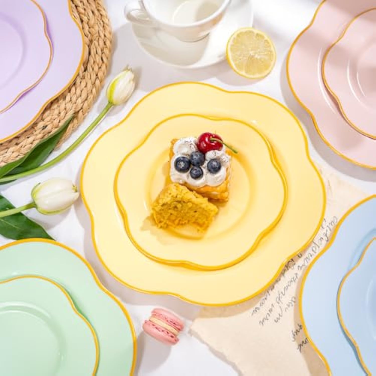 50Pcs Yellow Plastic Plates - Heavy Duty Disposable -Yellow And Gold Include 25Pcs 7Inch And 25Pcs 10Inch Plates For Mother'S Day & Baby Shower & Easter Day