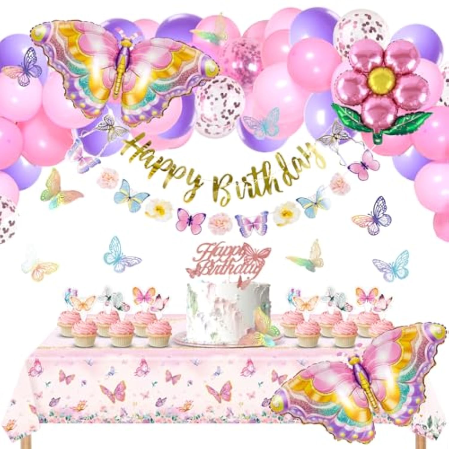 Butterfly Birthday Decoration, Pink Butterfly Party Decors With Butterfly Balloons, Happy Birthday Banner, 3D Stickers, Tablecloth, Party Decor For Girls