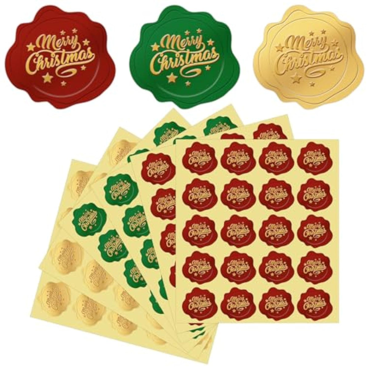 480Pcs Christmas Foil Seal Stickers Merry Christmas Stickers Gold Red Green Self-Adhesive Label Decals For Xmas Greeting Invitation Cards Sealing Gift Wrapping Supplies