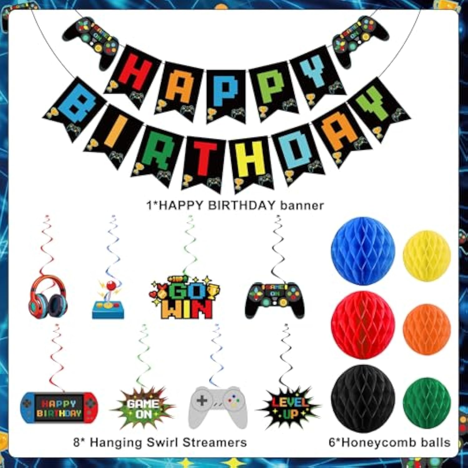 Video Game Birthday Decorations Game Theme Party Decorations Kit Includes Happy Birthday Gaming Banner Hanging Swirls Honeycomb Balls For Gaming Theme Birthdays Party