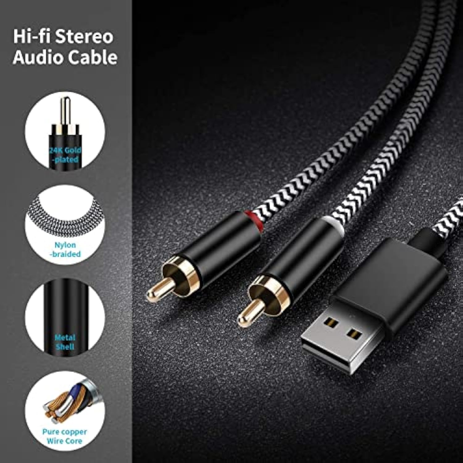 Usb To 2-Male Rca Audio Aux Cable For Pc Stereo Y Splitter Cord Jack Adapter C