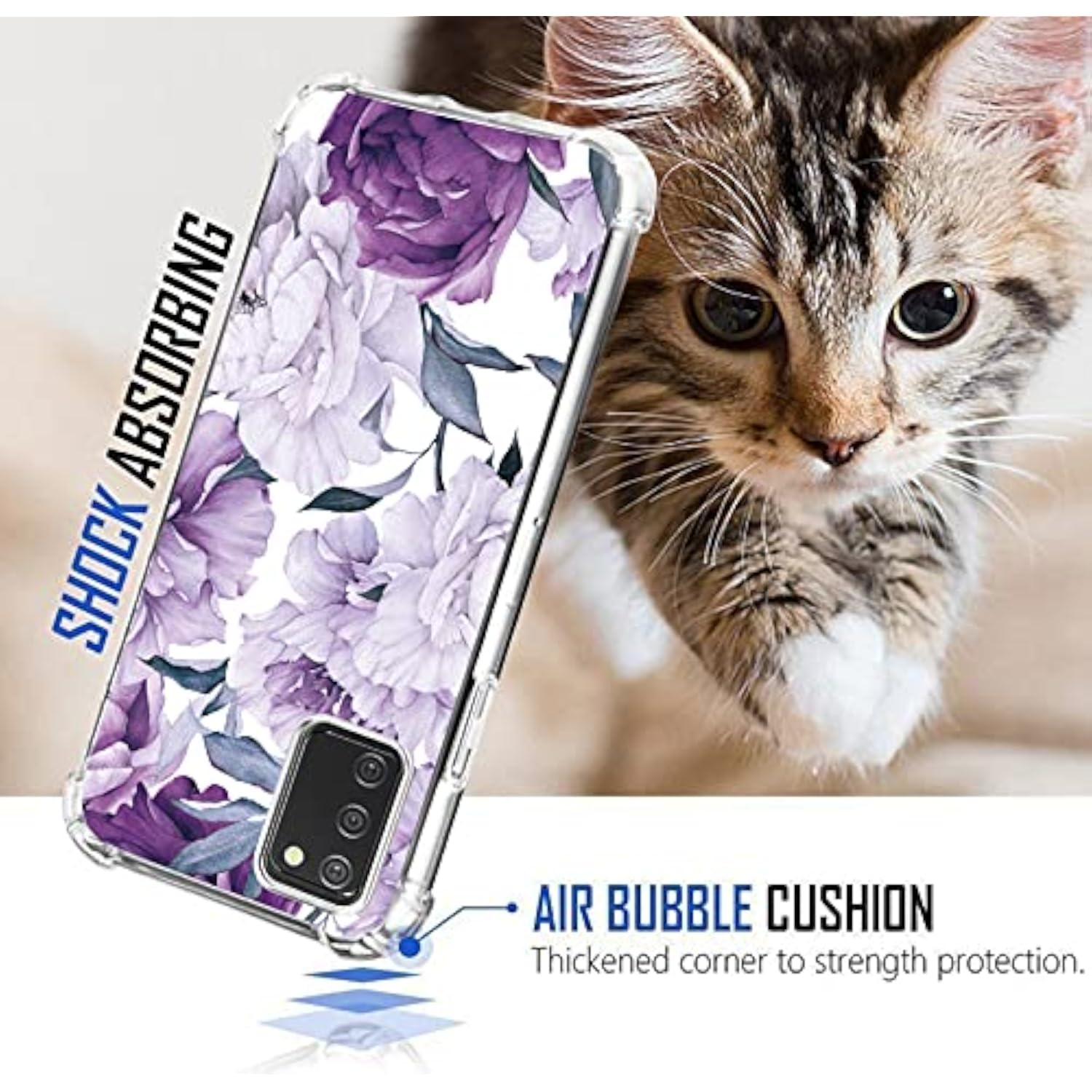 TPU Soft Rubber Four Corners Reinforced Anti-Fall Mobile Phone Case Cover for Samsung Galaxy A03S/Galaxy A02S, Purple Flower
