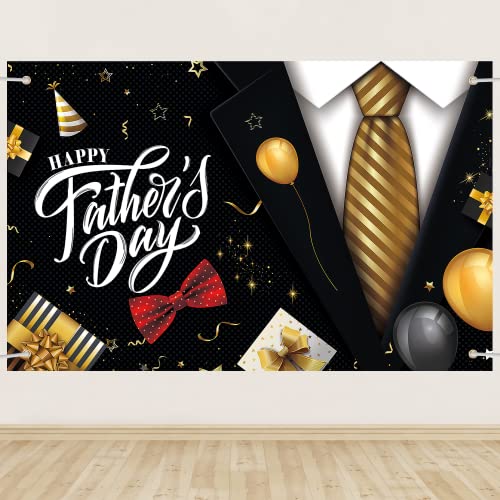 Happy Father's Day Backdrop Banner Decoration, 70.9 x 45.3In Large Size Black and Gold Background for Father's Day Decor, Dad Banner Photo Backdrop for Holiday Birthday Party Supplies