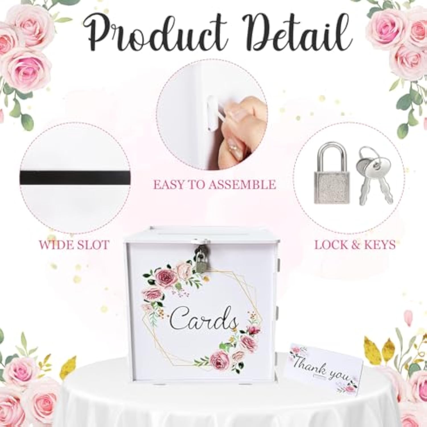 Pvc White Wedding Card Box With Lock, Diy Gift Card Box For Wedding Reception, Pink Rose Wedding Money Envelope Box For Party Graduation Birthday Baby Shower Decorations