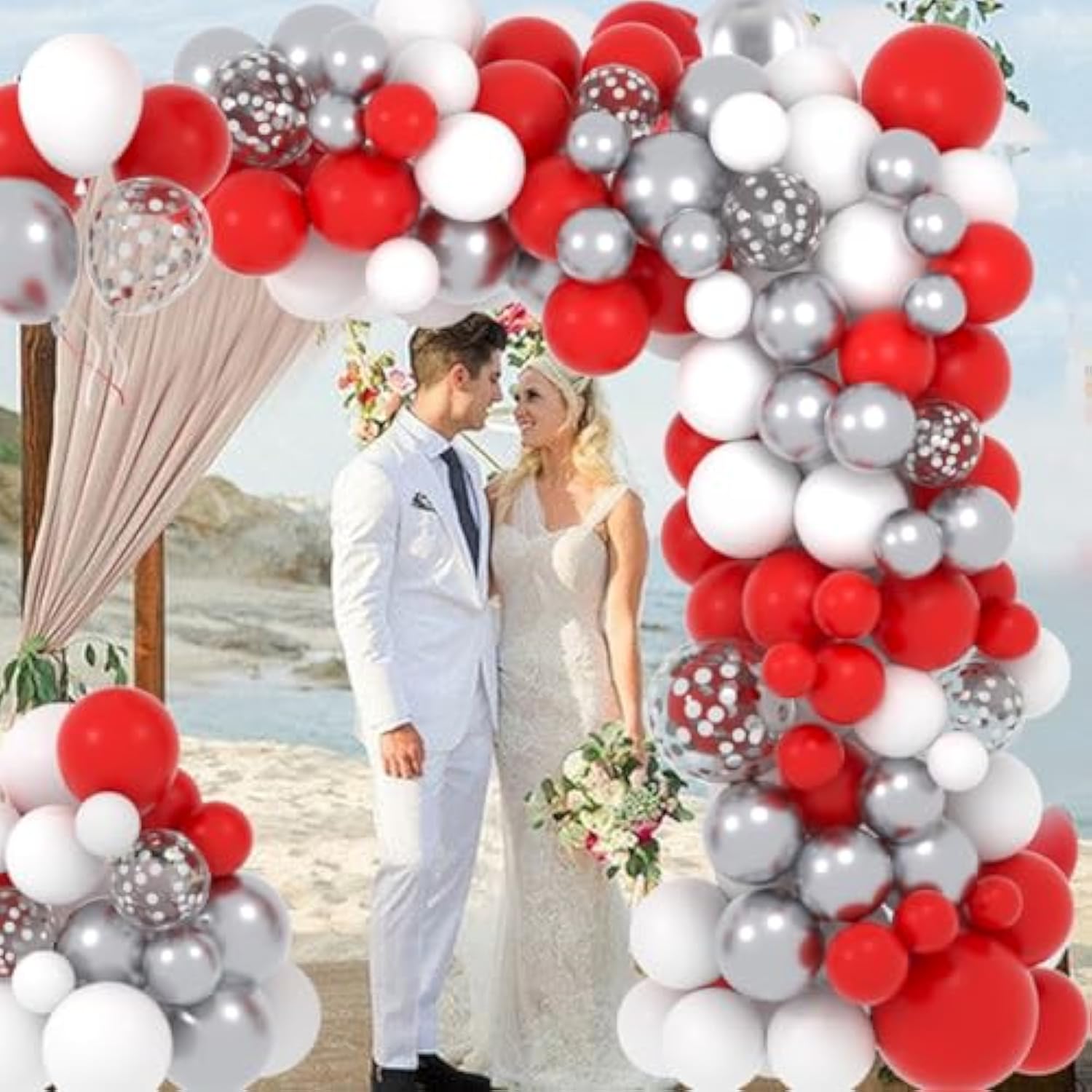 Red White Silver Balloon Garland Arch Kit, 122Pcs Red White Balloons Metallic Silver Balloons For Women Brithday Wedding Anniversary Engagement Bridal Shower Happy New Year Christmas Party Decorations