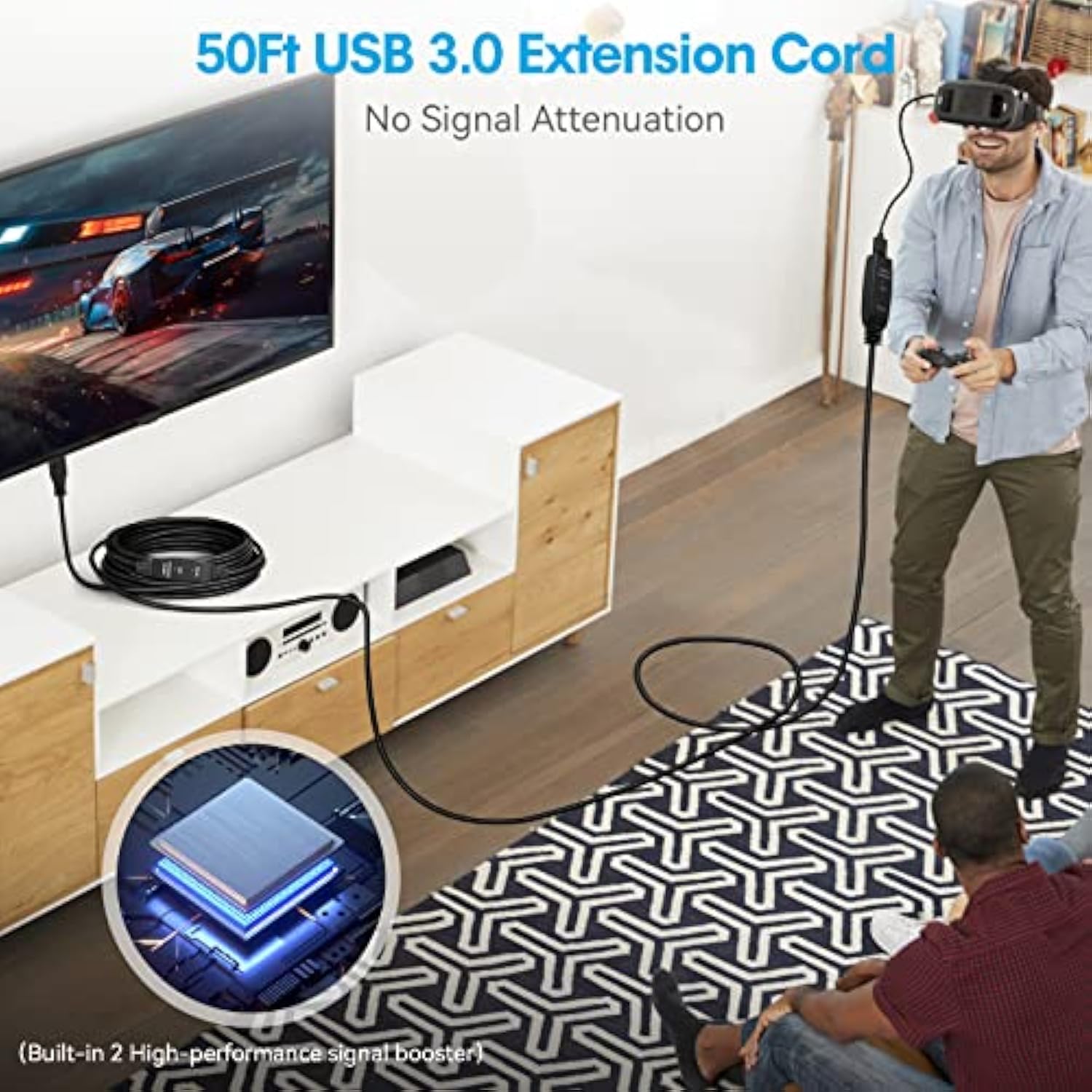 Usb 3.0 Extension Cable 50Ft, 50 Feet Active Usb Extension Cable 3.0 Male To Female With 2 Chipsets Signal Booster, Usb 3.0 Extension Cord With 5V2A Power Adapter For Vr,Ps4,Printer,Webcam Xbox