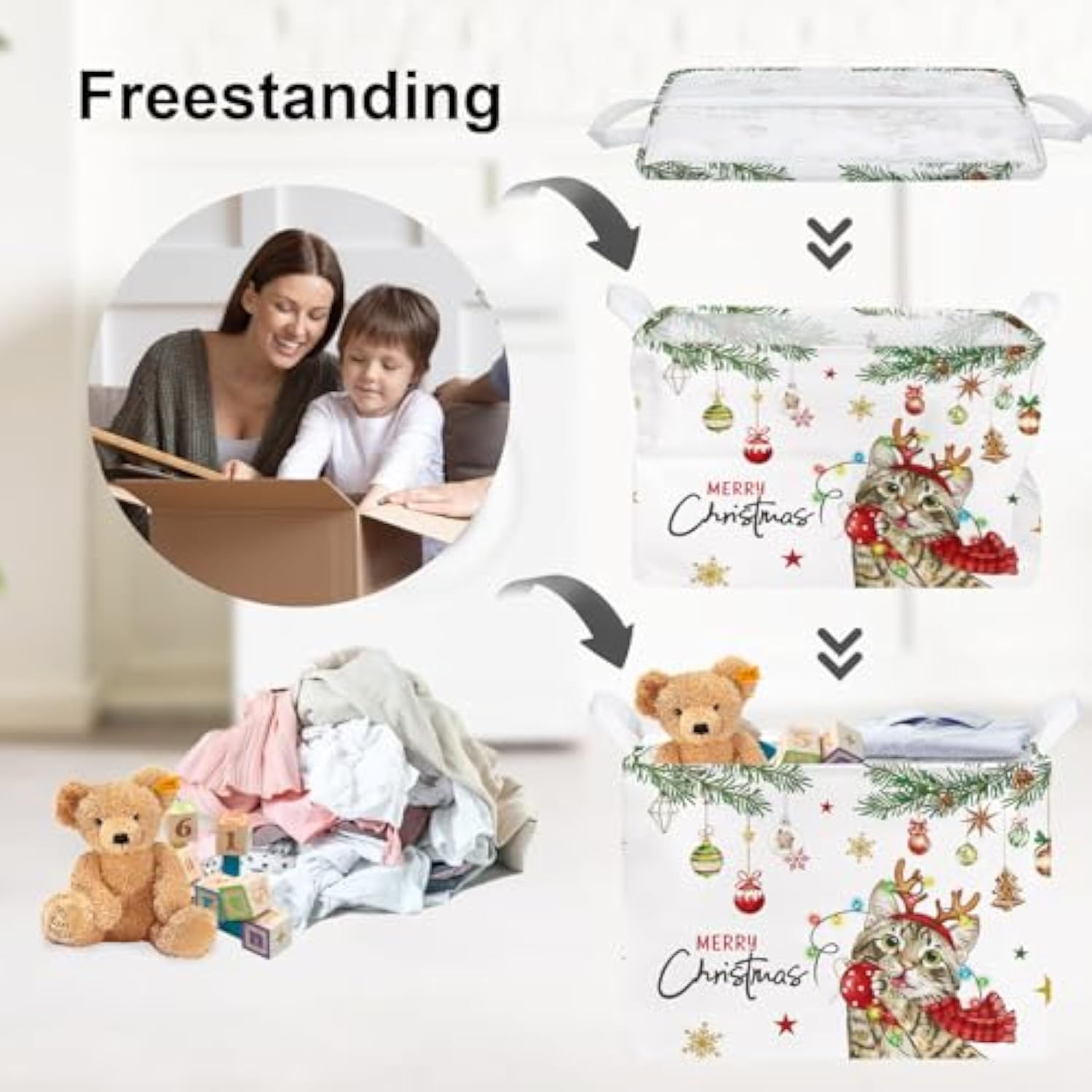 Christmas Pet Baby Laundry Hamper Snowflake Kid Storage Basket Boy Girl Gift Toy Box Collapsible Clothes Organizer Nursery Bin For Bedroom,Cat,40 * 30 * 30 Cm