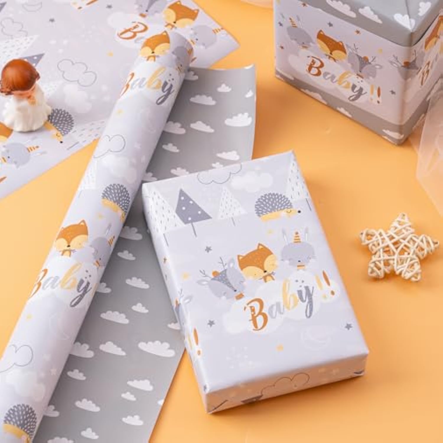 Reversible Baby Shower Wrapping Paper - Mini Roll - 17 Inch X 33 Feet - Grey Animal Design Neutral Baby Shower, Boys Girls Kids Birthday
