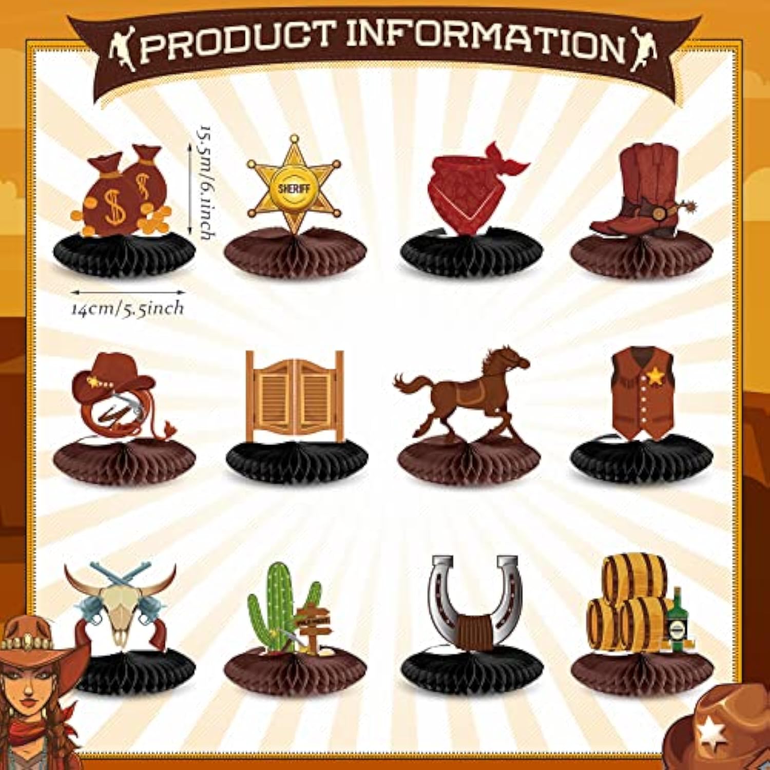 12 Pieces Cowboy Party Decorations Cowboy Honeycomb Centerpieces Weste