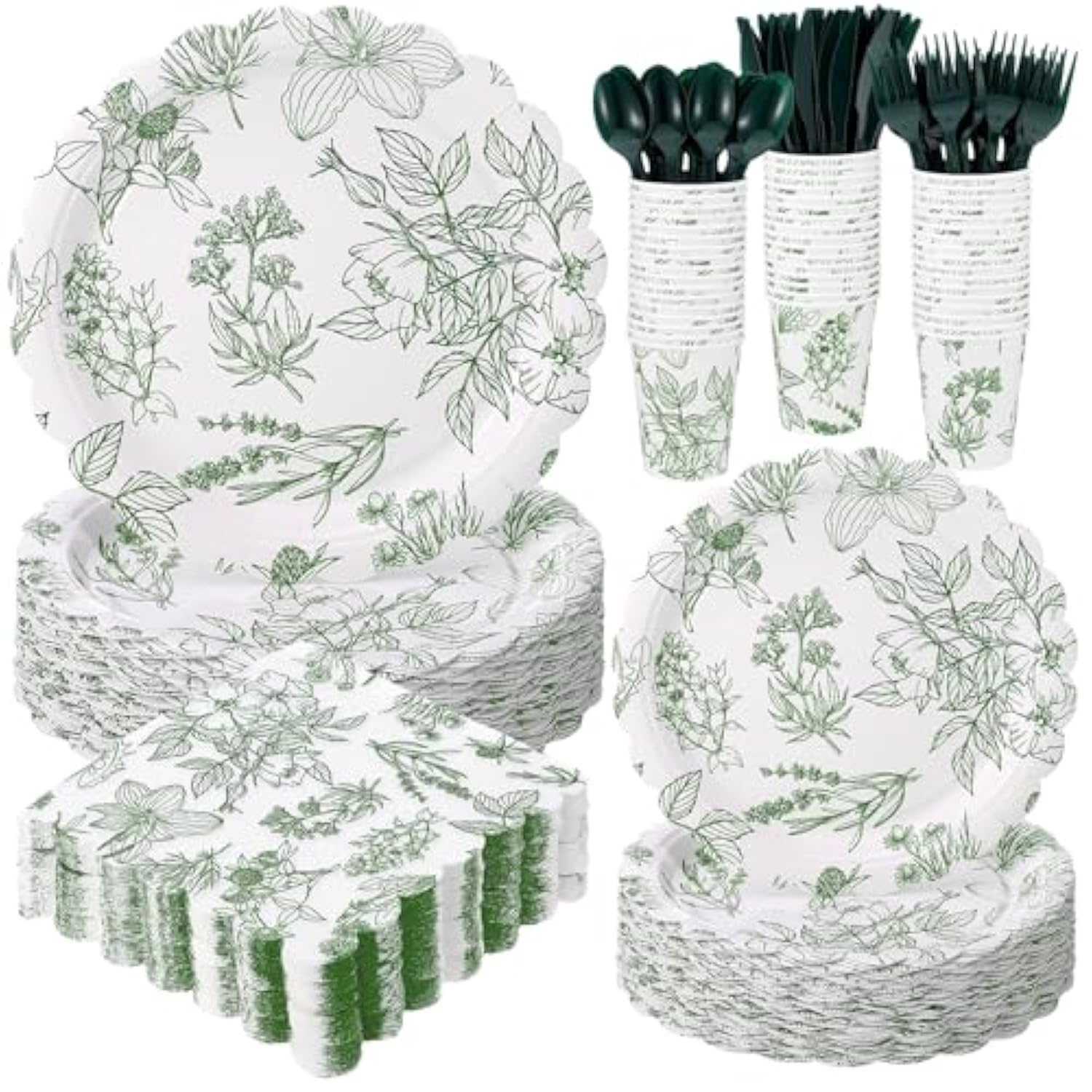 400 Pcs Sage Green Disposable Tableware Set Greenery Floral Paper Plates Napkins Sage Serve Scalloped Plates Paper Napkins Cups Plastic Spoons Forks Knives For Wedding Tea Party Baby Shower
