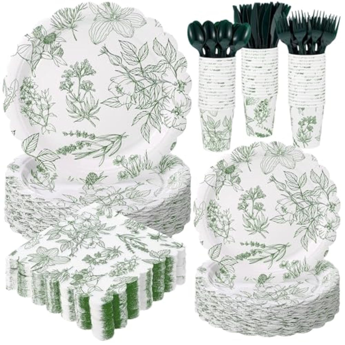 400 Pcs Sage Green Disposable Tableware Set Greenery Floral Paper Plates Napkins Sage Serve Scalloped Plates Paper Napkins Cups Plastic Spoons Forks Knives For Wedding Tea Party Baby Shower