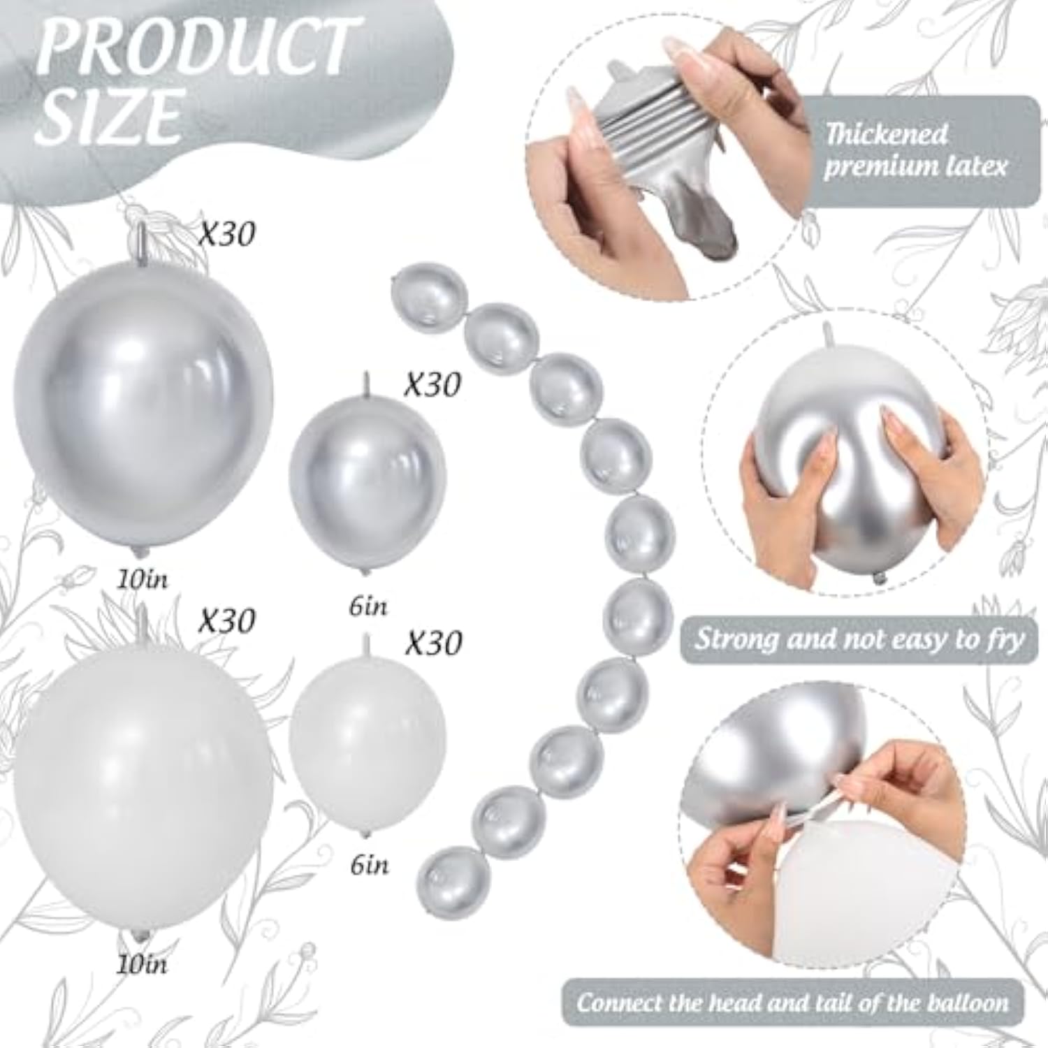 120 Pcs White Silvery Quick Link Balloons, Linking Balloons For Making Balloon Wall Arch Chains, Balloon For Wedding Birthday Bridal Baby Shower Graduation Grad Party Decorations (6+10 Inch)