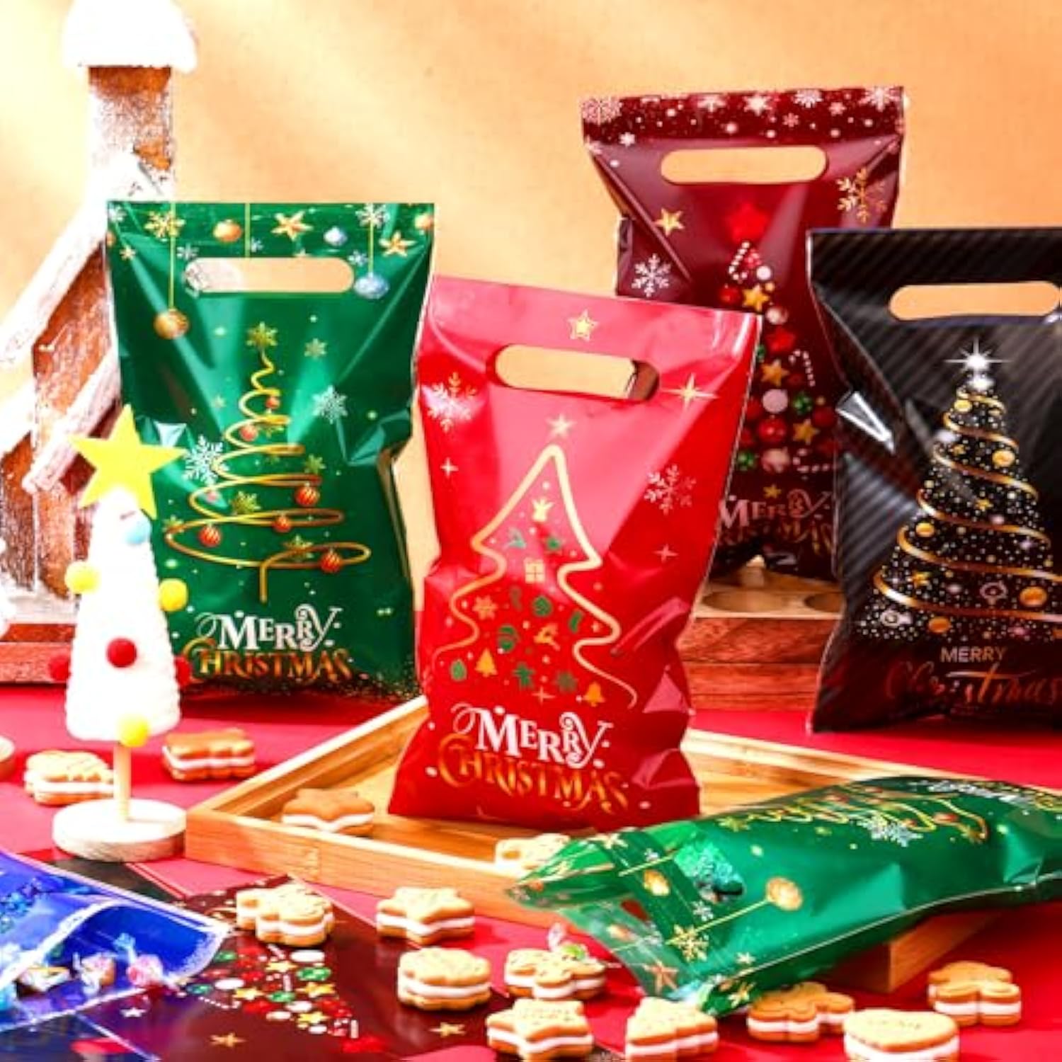 150 Pcs Christmas Treat Bags Christmas Tree Goodies Bags Bulk Plastic Candy Treat Snacks Bags With Handles For Holiday Cookie Goody Gift Merry Christmas Party Favor Supplies, 6 Styles