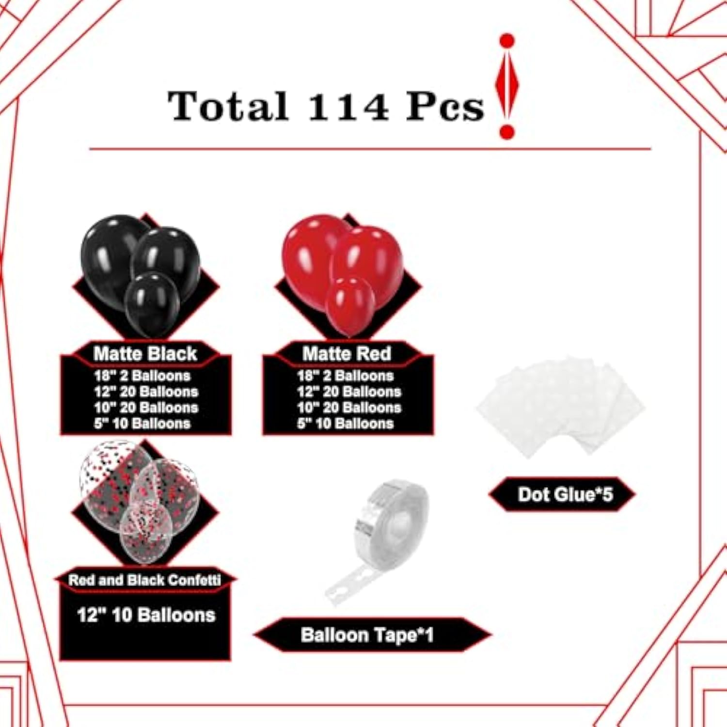 Red And Black Balloon Arch Kit, 114Pcs Red And Black Balloons, 4 Sizes Black Red Balloons For Casino Theme New Year Birthday Party Decorations