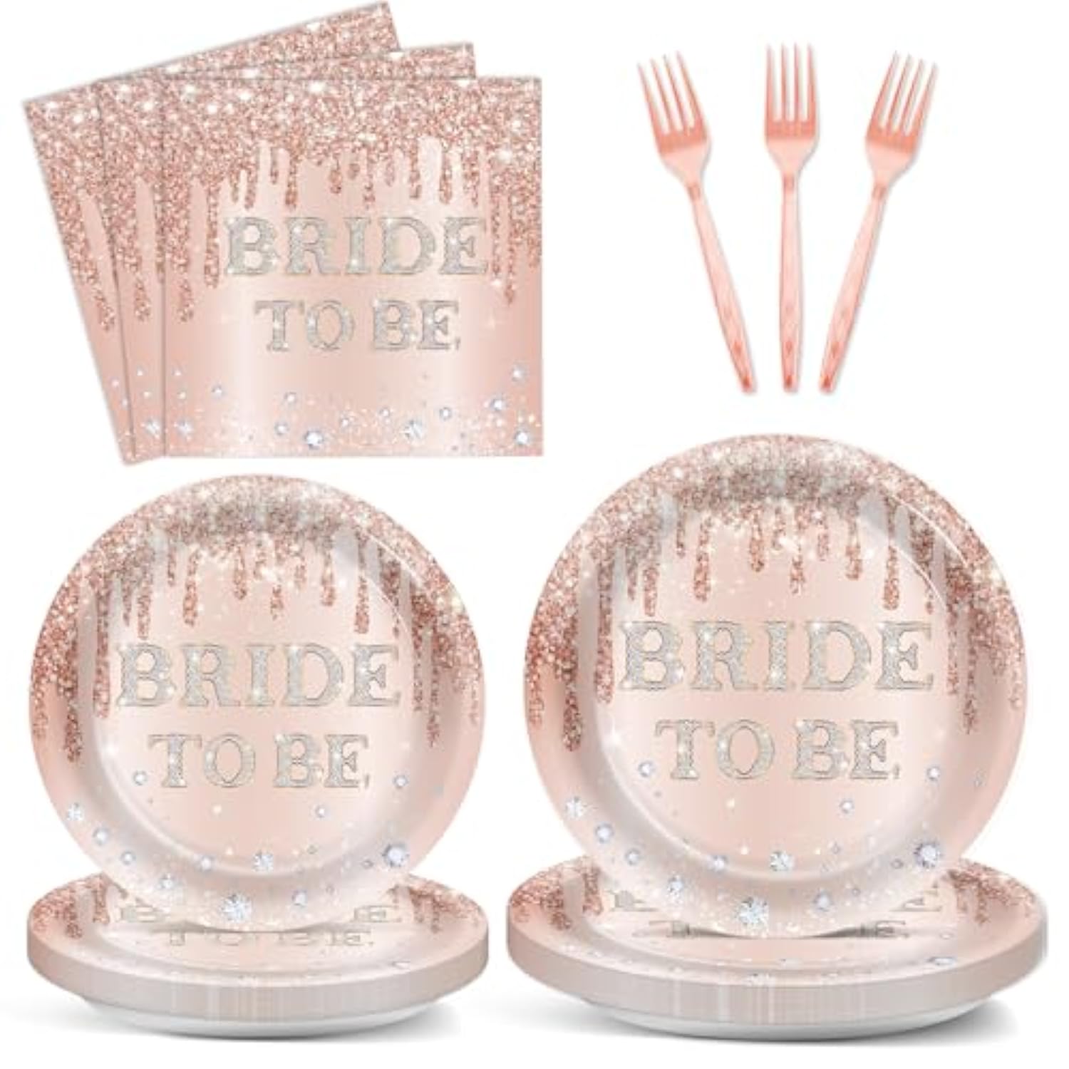 96Pcs Bridal Shower Party Decorations Rose Gold Themed Tableware Bride To Be Paper Plates Napkins Pink Bride To Be Dinnerware Party Supplies For Bachelorette Bridal Wedding Engagement Serves 24 Guests