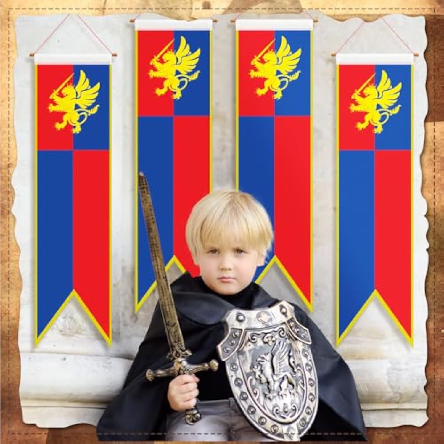 4 Pcs 4 Ft Medieval Fantasy Pull-Down Banner With Lion Design Hanging Party Bunting Banner Medieval Party Decorations Garden Cutouts Flag For Castle Theme Festival Birthday Decor