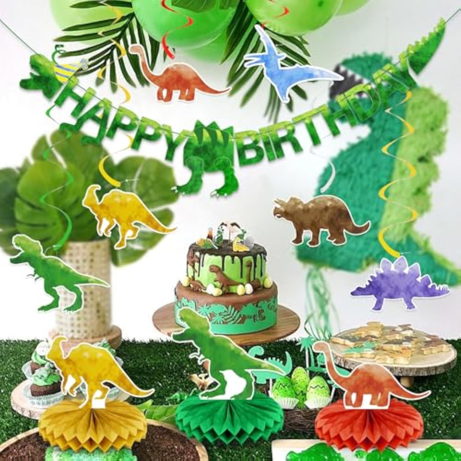 Pre-Strung Dinosaur Happy Birthday Decorations Banner Party For Boys Girls Kids,Dino Theme Hanging Swirl Table Decor