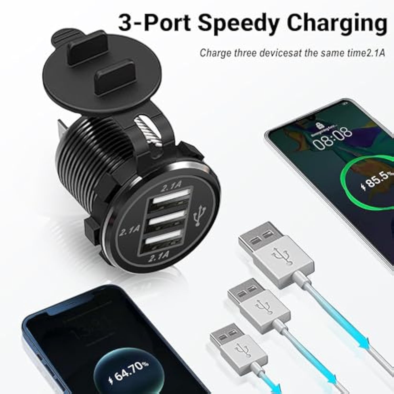 12V/24V Car Usb Charger Socket - 3 Usb Charger Socket For Car, Boat, Marine, Bus, Truck, Golf, Rv, Motorcycle And More - 1-Pack