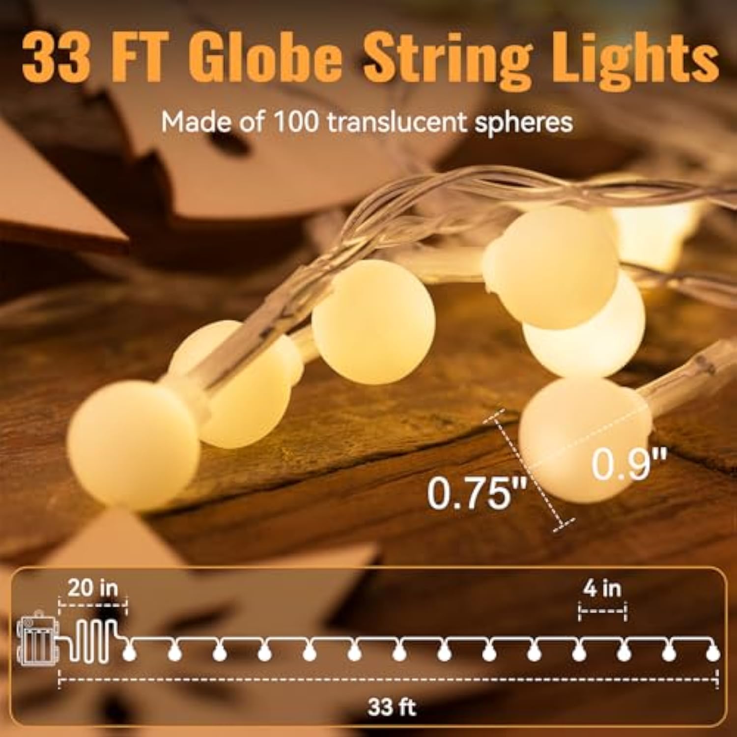 33Ft 100 Leds Battery Operated String Lights Globe Fairy Lights With Remote Control For Outdoor/Indoor, Tent, Camping, B