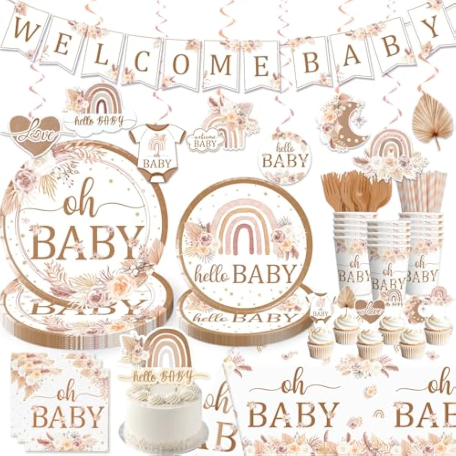138PCS Boho Baby Shower Tableware Set – Plates, Napkins, Banner for 20 Guests